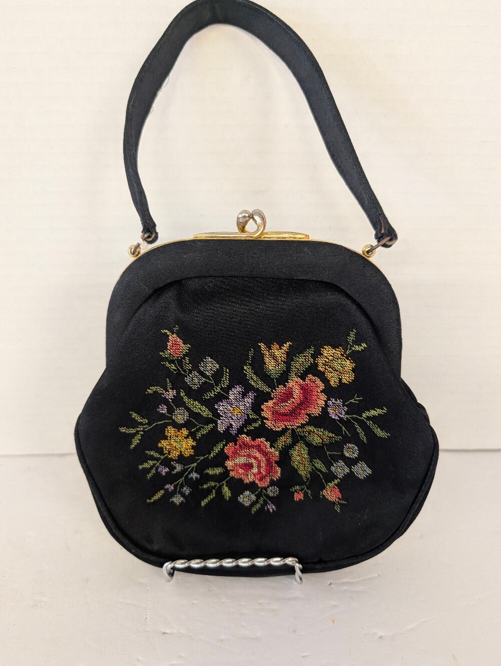 VINTAGE Bag Black Floral PETITE POINT Embroidered Handbag 1940s Bag